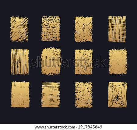 Hand drawn golden pencil scribble rectangular frames. Gold coal edge background. Vector isolated hatch textures.