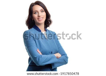 Females in Business. Natural Portrait of Young Confident Caucasian Business Woman in Blue Checked Suit Posing Against White. Horizontal Image Composition