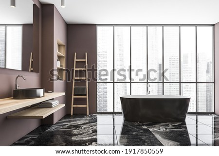 Black and pink bathroom with two sinks, grey bathtub near window, front view. Stylish bathroom with black tiled marble floor and stairs, 3D rendering no people