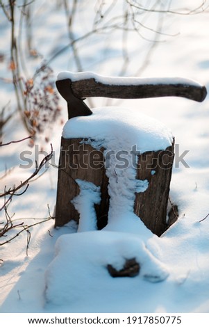 Rural picture with woden ax standing on the log in the Cold winter