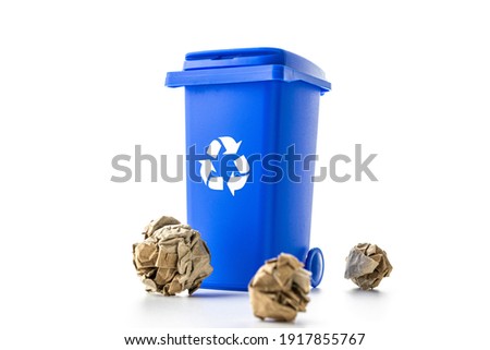 Trash bin. Blue dustbin for recycle paper trash isolated on white background. Container for disposal garbage waste and save environment