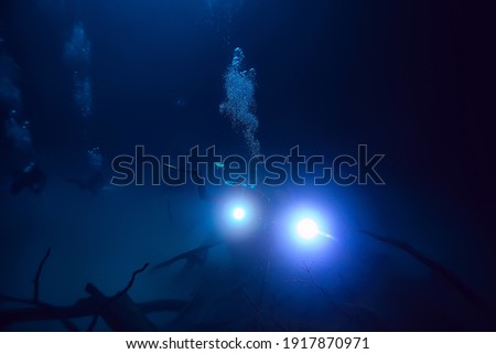 cenote angelita, mexico, cave diving, extreme adventure underwater, landscape under water fog Royalty-Free Stock Photo #1917870971
