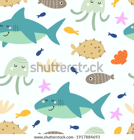 undersea seamless pattern with cartoon sharks, fish, octopus, shells, starfish. Colorful vector flat for kids. hand drawing. baby design for fabric, print, wrapper, textile