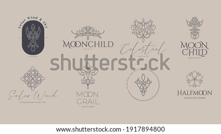 Vector set of 8 logos in trendy thin line celtic elven style. Moon, butterfly, leaves, diadem, knots - esoteric and organic cosmetics concepts for logotype and branding. Loop elements