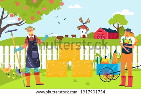 Concept organic farm, country agriculture, food production in village, products for sale in market, flat style vector illustration. Pipe, fresh vegetables, elderly man feeds animals, woman harvests.
