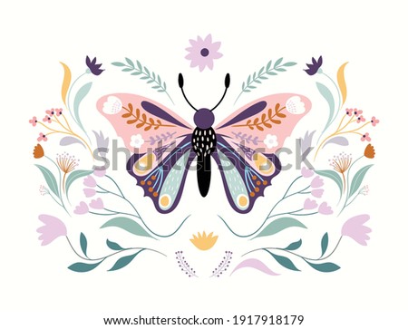 Floral butterfly isolated on white, floral poster, banner, wall art, modern design