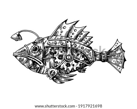 Mechanical fish. Hand drawn vector illustration. Steampunk style.
