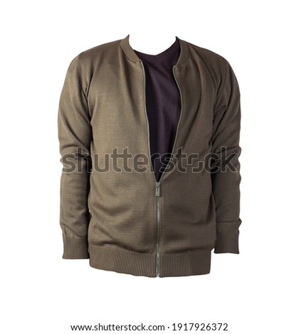 men's dark gren knitten bomber jacket and black t-shirt isolated on a white background. fashionable casual wear