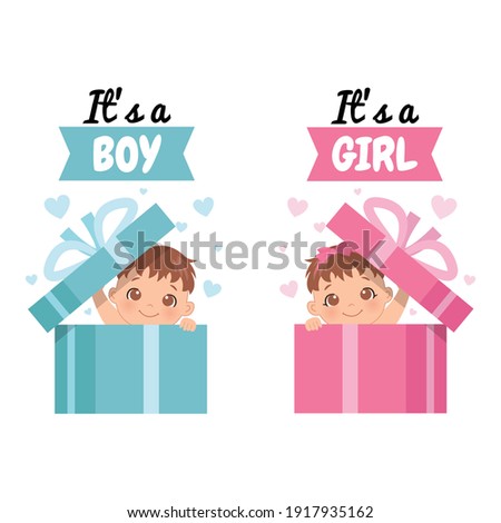 Cute infant in surprise gift box with a phrase "It's a boy" and "It's a girl". Baby gender reveal. Flat vector design.
