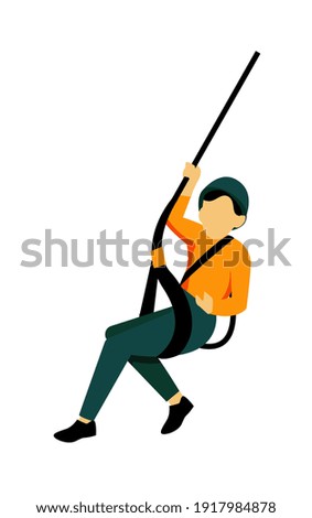 Climber kid person hanging on climbing rope isolated