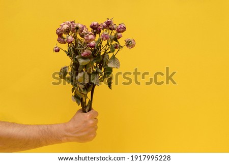 Dry roses flowers in male hands at yellow background. Copy space. Lost love concept.