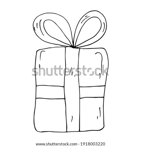 Box with bow, gift. Vector linear illustration, doodle, sketch.