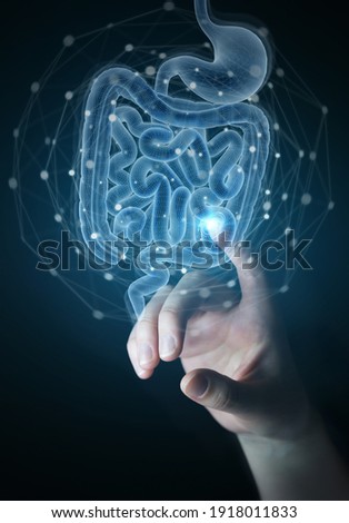 Man hand on dark background using digital x-ray of human intestine holographic scan projection 3D rendering Royalty-Free Stock Photo #1918011833