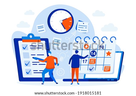 Business planning web design concept with people. Managers planning activities and tasks scene. Time management composition in flat style. Vector illustration for social media promotional materials. Royalty-Free Stock Photo #1918015181