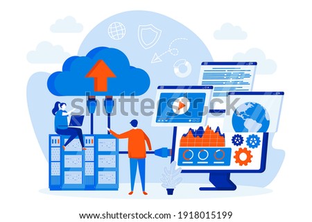 Hosting provider web design concept with people characters. Hosting engineers work scene. Website hosting service composition in flat style. Vector illustration for social media promotional materials. Royalty-Free Stock Photo #1918015199