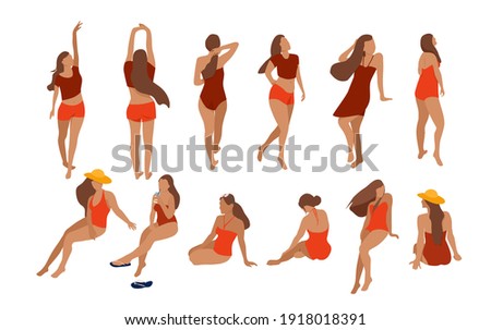 Set of trendy young women in swimwear.Beach collection.Females in different poses.Girls walk,sunbathe,sit or stand.Various summer clothes design.Vector in flat style.