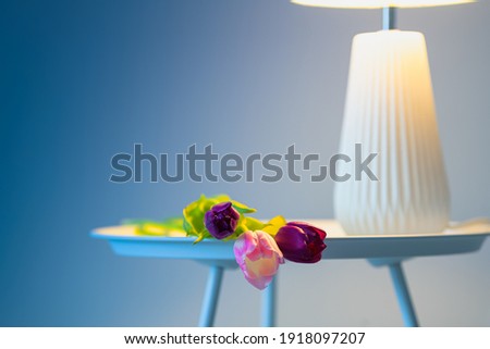 A couple of rose and purple tulips on a table text to a white lamp against blue background