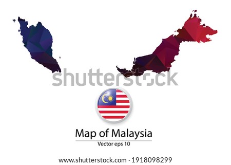 Abstract Polygon Map and Button Flag - Vector illustration Low Poly Color Dark Malaysia map of isolated. Vector eps10.