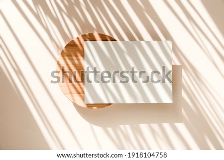 Card on beige background with shadows shape palm leaves. Minimal concept mock up background. Top view.