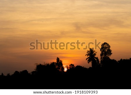 Sunset in the mountains, red and yellow sky behind and trees in the forefront