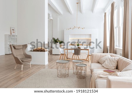 interior design spacious bright studio apartment in Scandinavian style and warm pastel white and beige colors. trendy furniture in the living area and modern details in the kitchen area. Royalty-Free Stock Photo #1918121534