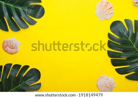 summer background with place for text. Monstera leaves and seashells on a yellow background. Yellow spring background. Summer layout with green leaves and seashells
