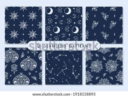 Celestial black and white moon, butterfly, lotus, stars seamless pattern bundle - hand drawn line space digital paper, cute kids starry seamless background for textile, scrapbooking, wrapping paper