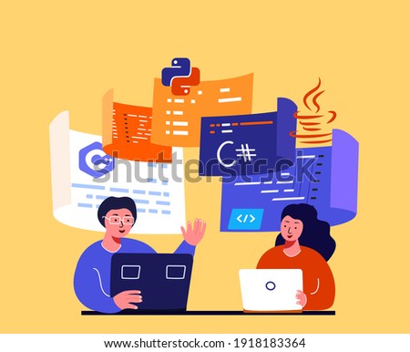 Team of IT Programmers working on web development on computers. Concept of script coding and programming in php, python,javascript,other languages.Software developers.Flat vector cartoon illustration.