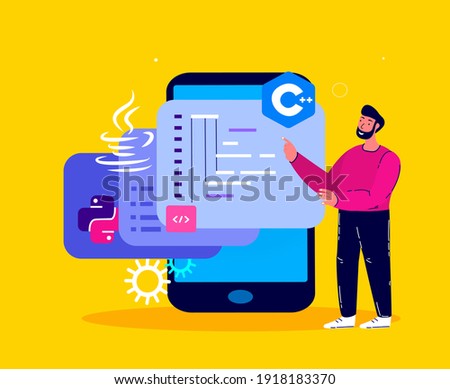 Man Programmer Working on Web Development in Virtual Program,Smartphone Mobile Phone.Script Coding, Programming php,python,javascript Artificial Languages. Software Developer. Flat Vector illustration