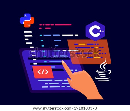 Hand on Device Screen Creating Programm Working on Web Development.Script Coding,Programming in php,python,javascript Artificial languages.Software Developer Education.Flat vector cartoon illustration