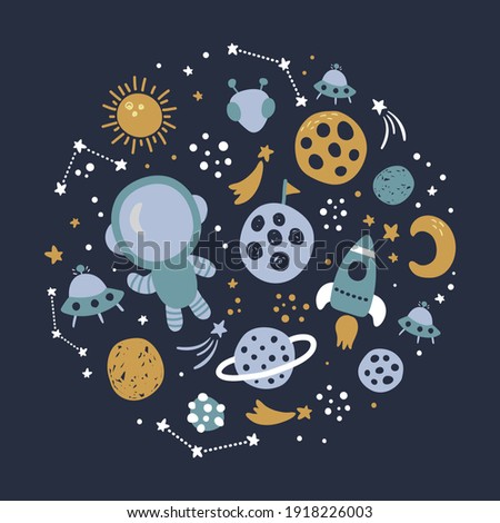 vector illustration, space concept, arranged in a circle, constellations, stars, planets and other space related items arranged on a dark blue background