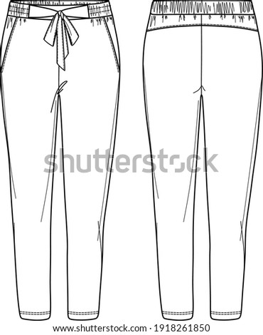 Vector woman pants technical drawing, woman sweatpants with bow detail fashion CAD, elasticized waistband pants with side pockets template, sketch, flat. Woven fabric trousers with front, back view Royalty-Free Stock Photo #1918261850