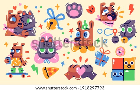 Illustration of a funny cat and dog in diferent situations. Set of stickers, badges, patches. Vector illustration