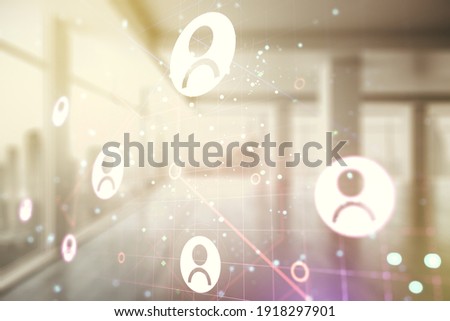 Double exposure of abstract virtual social network icons on empty modern office background. Marketing and promotion concept
