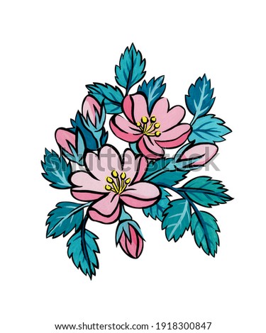 Illustration of pink flowers of wild rose with leaves painted in gouache and isolated on a white background.