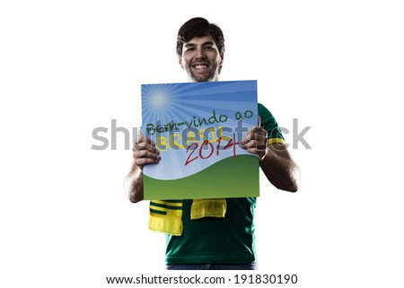 Brazilian Fan holding a welcome to Brazil sign, (Bem-vindo ao Brasil), written in Portuguese., on a white background.