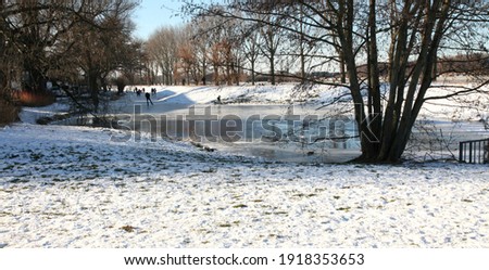 Frozen pond and snow. Leiden, Netherlands
