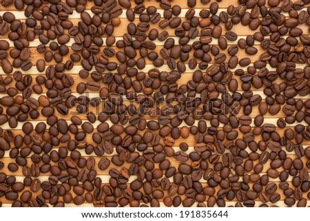 Coffee beans lying on a bamboo mat, can be used as a background