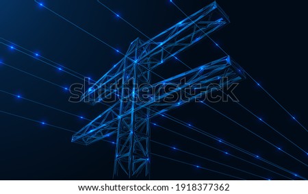 High-voltage power line. The tower with its lines of electric current. A low-poly construction of lines and dots. Blue background. Royalty-Free Stock Photo #1918377362
