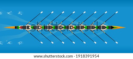 Rowing competition, the team on coxed octuple scull rowboat. Rowing boat floating on the river or lake. Color vector illustration. Royalty-Free Stock Photo #1918391954