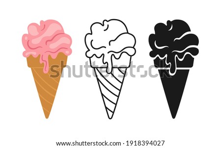 Strawberry ice cream cartoon set, line icon and black glyph style. Kawaii bright summer collection sweet food. Comic hand drawn sketch cute cone Ice cream. Isolated dessert vector illustration