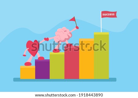 Brain cartoon character leading heart to climbing the graph and gain the success flag