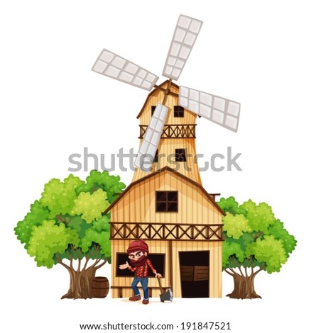 Illustration of a woodman holding an axe beside the wooden building on a white background