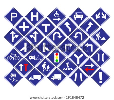 Vector illustration of Diamond shape blue road signs collection