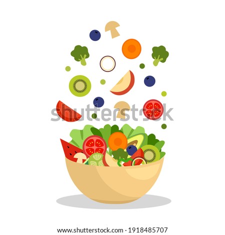 Vegetables and fruits in bowl in flat design. Salad bar for healthy meal. Vegetarian dish. Healthy food on white background. Royalty-Free Stock Photo #1918485707