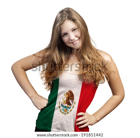 Young Woman with long curly hair and a t-shirt of Mexico on a white background