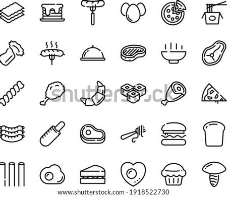 Food line icon set - Hot Bowl, pizza piece, dish dome, burger, meat, sausage on fork, fried chiken leg, french dog, chinese pasta, sushi roll, with, sausages, steak, ham, croissant, eggs, omelette