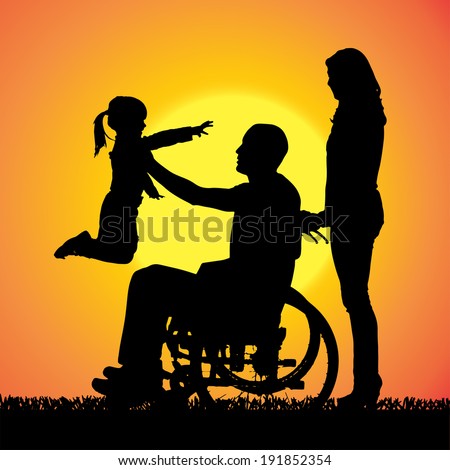 Vector silhouette of a family that is out at sunset. 