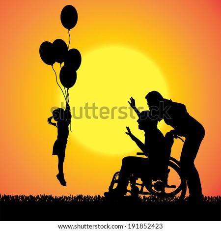 Vector silhouette of a family that is out at sunset. 