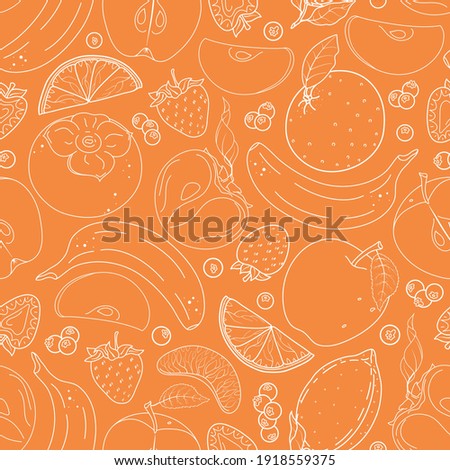 Seamless vector pattern with cute hand drawn various fruits and berries. Fruity theme doodle elements. White line objects on orange background. For wrapping paper, textile, print, fabric, wallpaper. Royalty-Free Stock Photo #1918559375